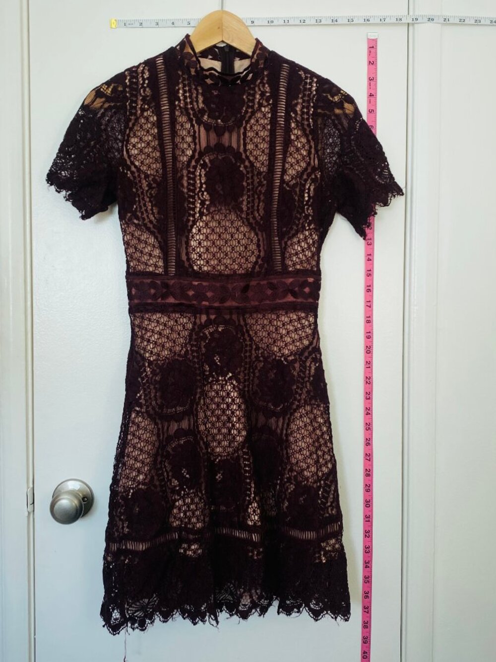 Maroon Lace Mock Neck Short Sleeve Dress